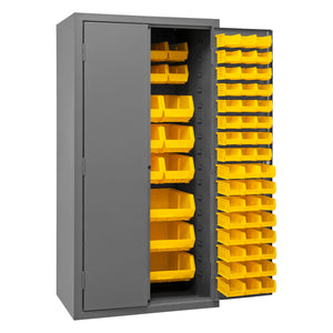 Durham Cabinet, 16 Gauge, 36 x 24 x 72, 126 Yellow Bins, Flush Doors with Louvered Panel, Lockable, Chrome Handle with Keys, Gray